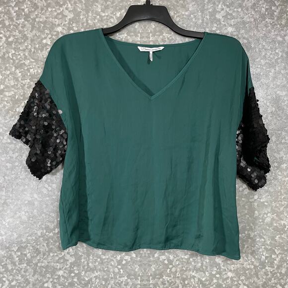 French Connection Women's Green Sequin Sleeve Crop Top - Size Large Petite (PL) - Picture 1 of 6